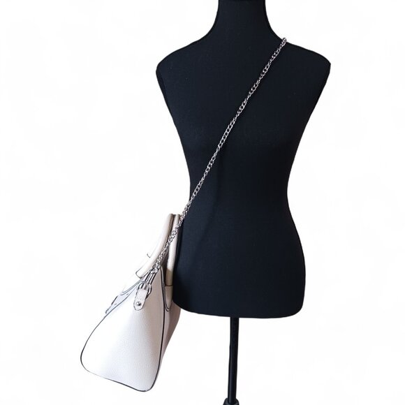 GUESS Garland Ivory Faux Pebbled Leather Tote Bag – Leopard Lining, Silver Chain - Picture 8 of 16